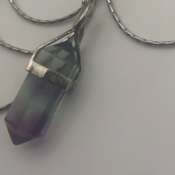VTG Sterling & Purple Green Fluorite Crystal Stone Pendant & Chain 16” & 1.2” - Picture 3 of 9